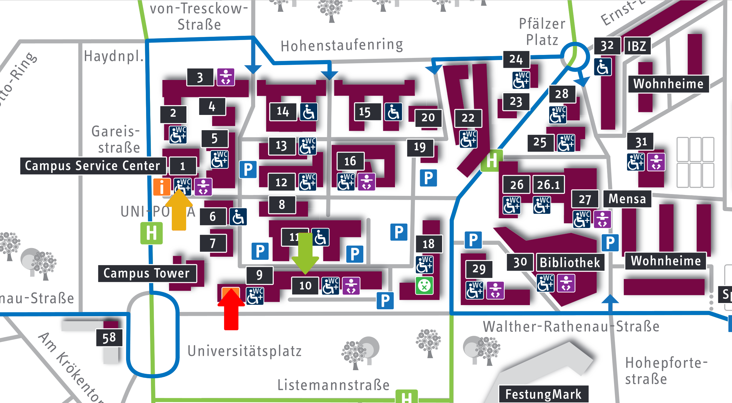 Campus mit Markierungen zu den Abgabeorten